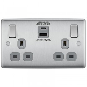 BG Electrical Nexus Metal Fast Charge Double 13A Switched Socket with Type A and C Charger 30W Brushed Steel